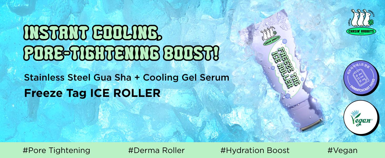 CHASIN' RABBITS Freeze Tag Ice Roller 1.69 fl.oz, Cold Face Roller, Pore Tightening, Skin Firming, Derma Roller, Stainless Steel Gua Sha Gel Serum, Hyaluronic Acid, Corn Mint Extract, Korean Skincare