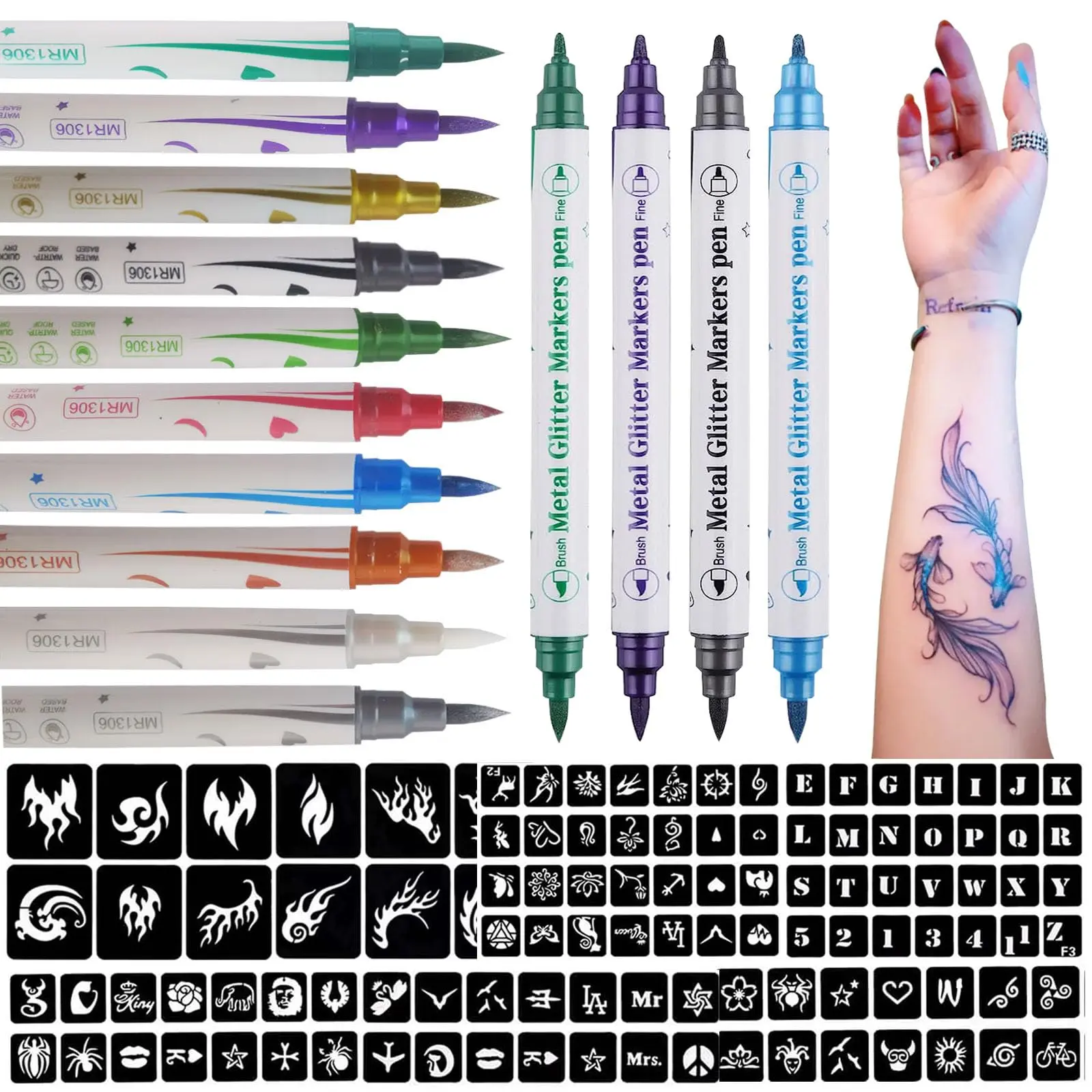 Temporary Tattoo Markers for Skin - Dual-End Tattoo Pens for Body & Face Art with 138 Tattoo Stencil Papers, 10 Pens Make Bold and Fine Lines, Cosmetic Quality