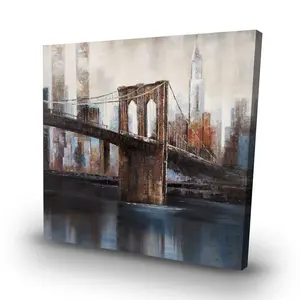 212 MAIN 32x32 in. Artistic Minimalist Urban Brooklyn Bridge Motif Cityscape Wall Print - Beige Home Decor, Room Accent Artwork