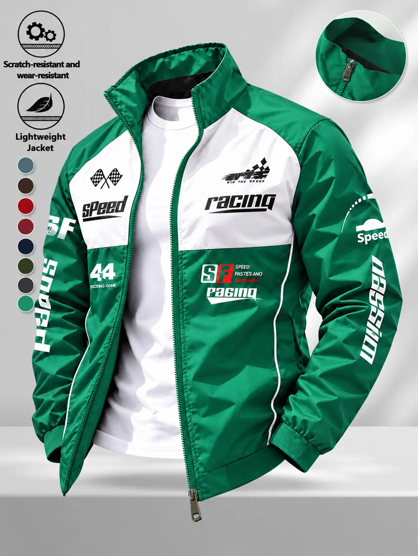 Racing Element Print Color Block Stand Collar Windbreaker For Men Motorbike Style Wear-resistant Lightweight Zip Spring Autumn Top