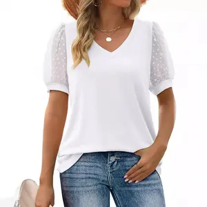 Womens V Neck Puff Sleeve Blouse, Casual Swiss Dot Mesh Short Sleeve Tops, Loose Fit Elegant Summer T Shirts for Daily Wear