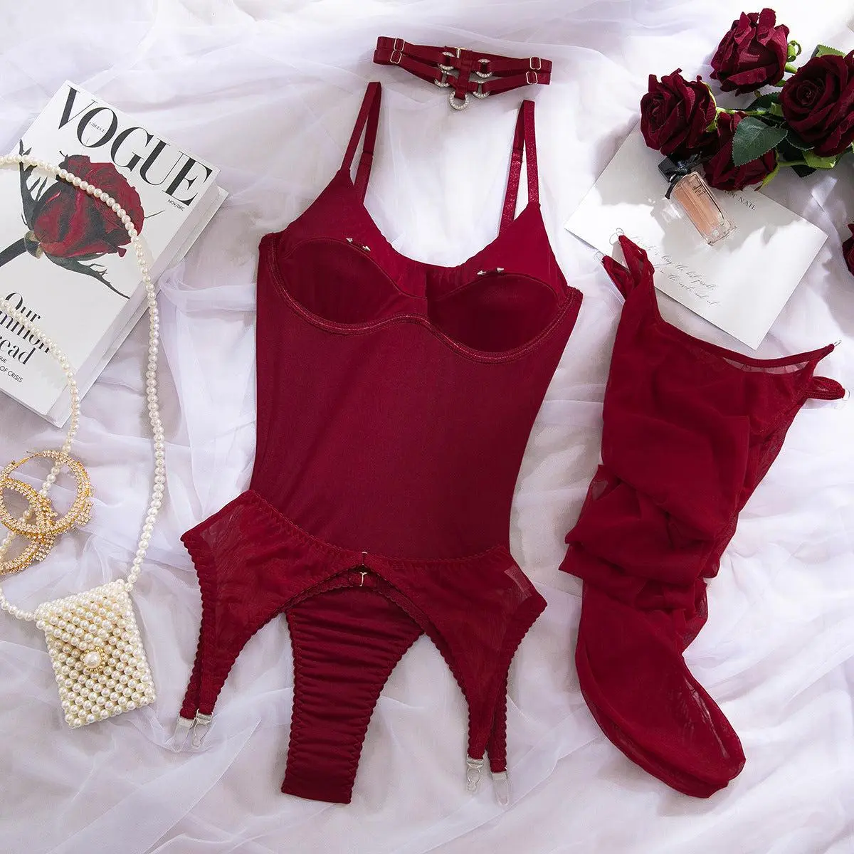 Mesh Lingerie Bodysuit Garter Set Breathable Fabric