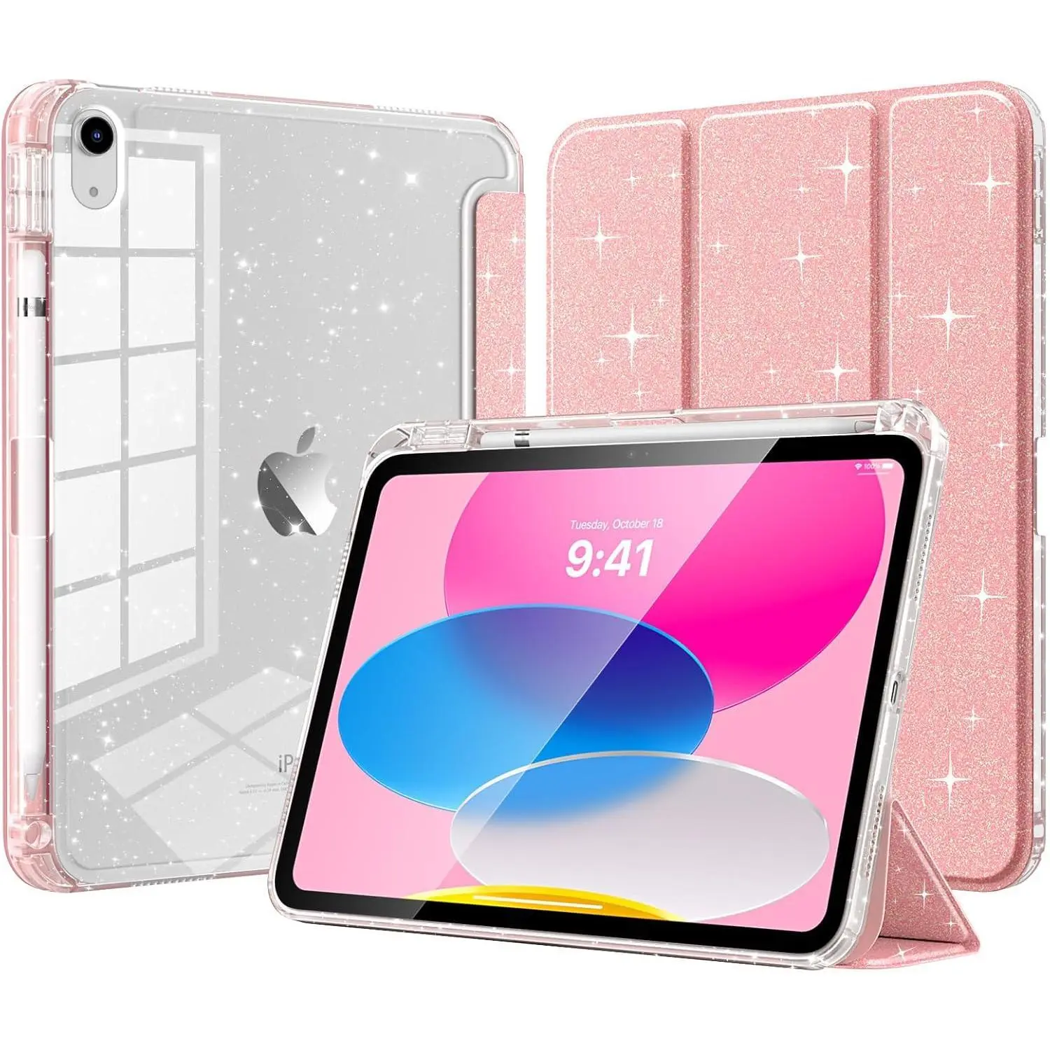 Glitter iPad Case for iPad 11th Gen (2025) 11” & iPad 10th Gen (2022) 10.9” | Clear Shiny Back, Pencil Holder, Auto Wake/Sleep (Sky Blue)