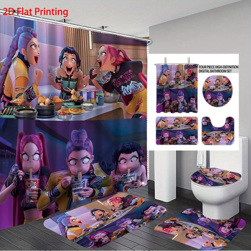 K-POP Demon Hunters Bathroom Set, Including Shower Curtain with 12 Hooks, Non-Slip Bath Rug, U-Shaped Toilet Mat, Toilet Lid Cover, Bathroom Decoration Accessories