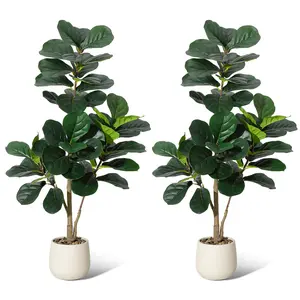 4FT Artificial Fiddle Leaf Fig Tree 2PCS, White Planter & 48 Realistic Leaves, Faux Ficus Lyrata for Home Office Living Room Decor & Housewarming Gift, Minimalist, Decorative, Pvc, High Density