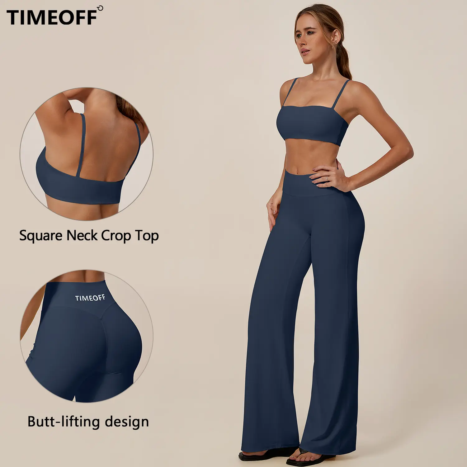 TIMEOFF Women's 2-Piece Everyday Active Training Set - Square Neck Sleeveless Crop Cami, Thin-Strap High-Waist Butt-Lifting Flare Pants, Soft 4-Way Stretch Slim-Fit Fabric, Normal Type, for Yoga, Pilates, Do Not Dry Clean, Outdoor, Women's Two Piece Set,