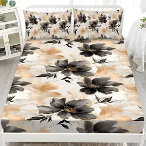 Fitted Sheet 3-Piece Set - 2D Flat Printed Black and Yellow Floral Pattern Mattress Covers, Available in 10 Sizes (1 fitted sheet + 2 pillowcases, no insert). skin-friendly and breathable bedding, suitable for family bedrooms .