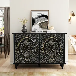 HLR Black 4 - Door Cabinet with Gold Relief Patterns - Artistic, Functional, Durable | Great for Living Room, Entryway, Dining Room | Ideal for Art Lovers, Home Decor Enthusiasts, Vintage Style Fans | Offers Ample Storage, Elegant Aesthetic   Wooden Wide