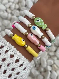 Cute Colorful Ceramic Fish Soft Clay Bracelet Set, 4 Pcs Friendship Bracelets for Women, Beach Pool Party Accessories