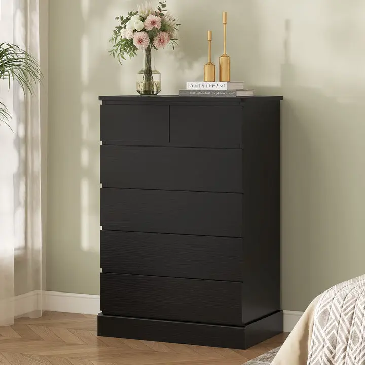 SIKAIC Sturdy Wood Rectangle 43.9" Tall 6-Drawer Dresser - Black Bedroom Furniture, Drawer Furniture, Bedroom Decor Ideas, Indoor Storage Cabinet, Requires Assembly, 43.9" Height, Storage With Drawers, Wooden Drawer Dresser