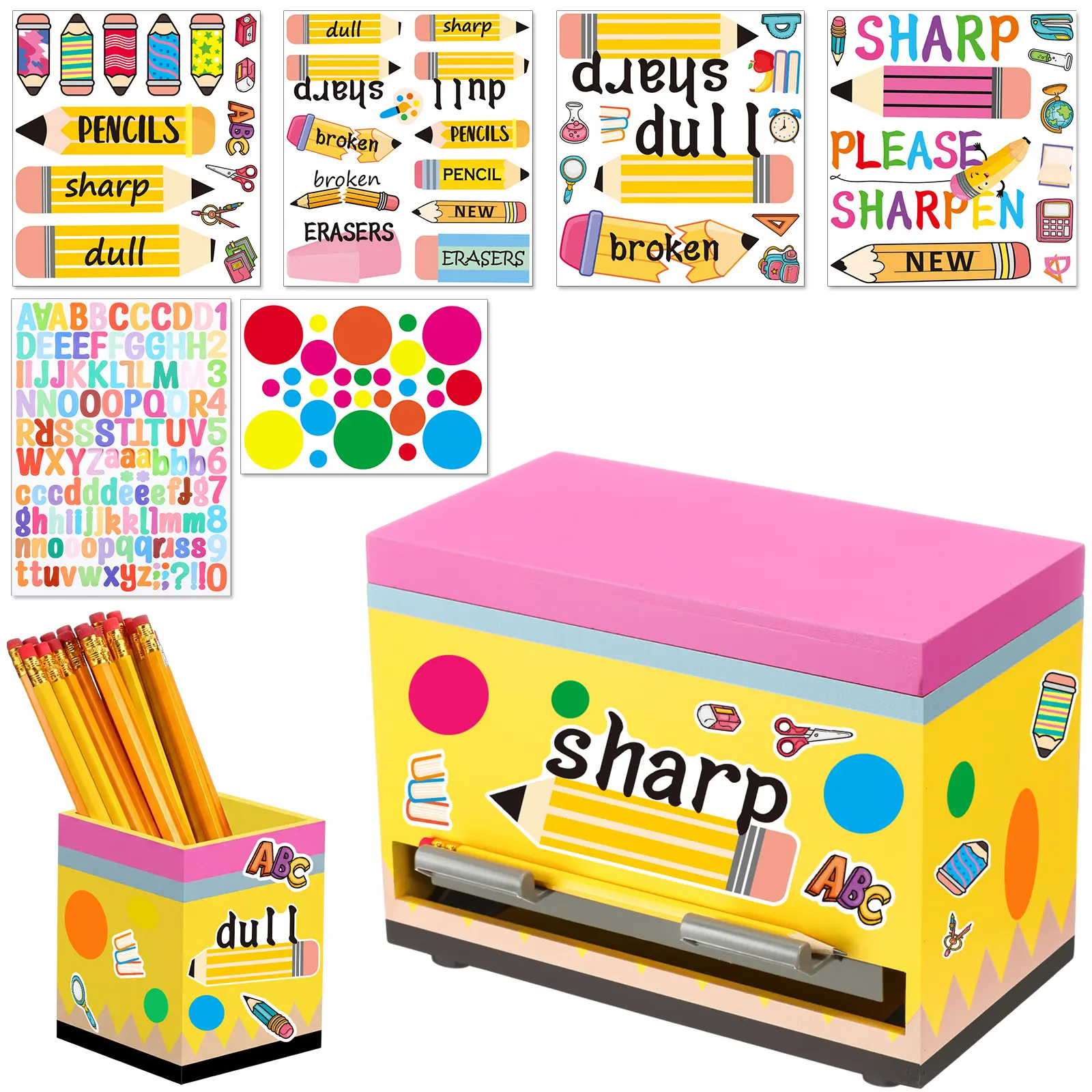Back to School Wooden Pencil Dispenser Kit, Includes Pencil Holder and Dispenser "Sharp" &"Dull" Letter Labels, Multicolor Pencil Storage Box with Lid, Teacher Must Haves for Classroom Management, Pre K to Middle School First Day of School Teacher Gift