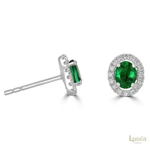 Oval Emerald & Diamond Halo Studs | Lab Grown | 14K Gold & Platinum