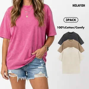 Holafish 3Pack Acid Wash Tshirts Unisex Cotton T-Shirt Half Short Sleeves Casual Loose Solid Streetwear Top,Soft Retro Street T-Shirts,Loose Fit Acid Washed Mother's Day Gift