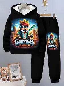 Pixel Game Hooded Set, Pixel Print Sweatshirt and Pants Two-Piece Set, Autumn Casual Fashion, Slim-Fitting, Random Print