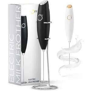 Handheld Milk Frother for Coffee - Stainless Steel Electric Drink Mixer & Matcha Whisk -  Hand Frother With Stand & Recipes (Black)