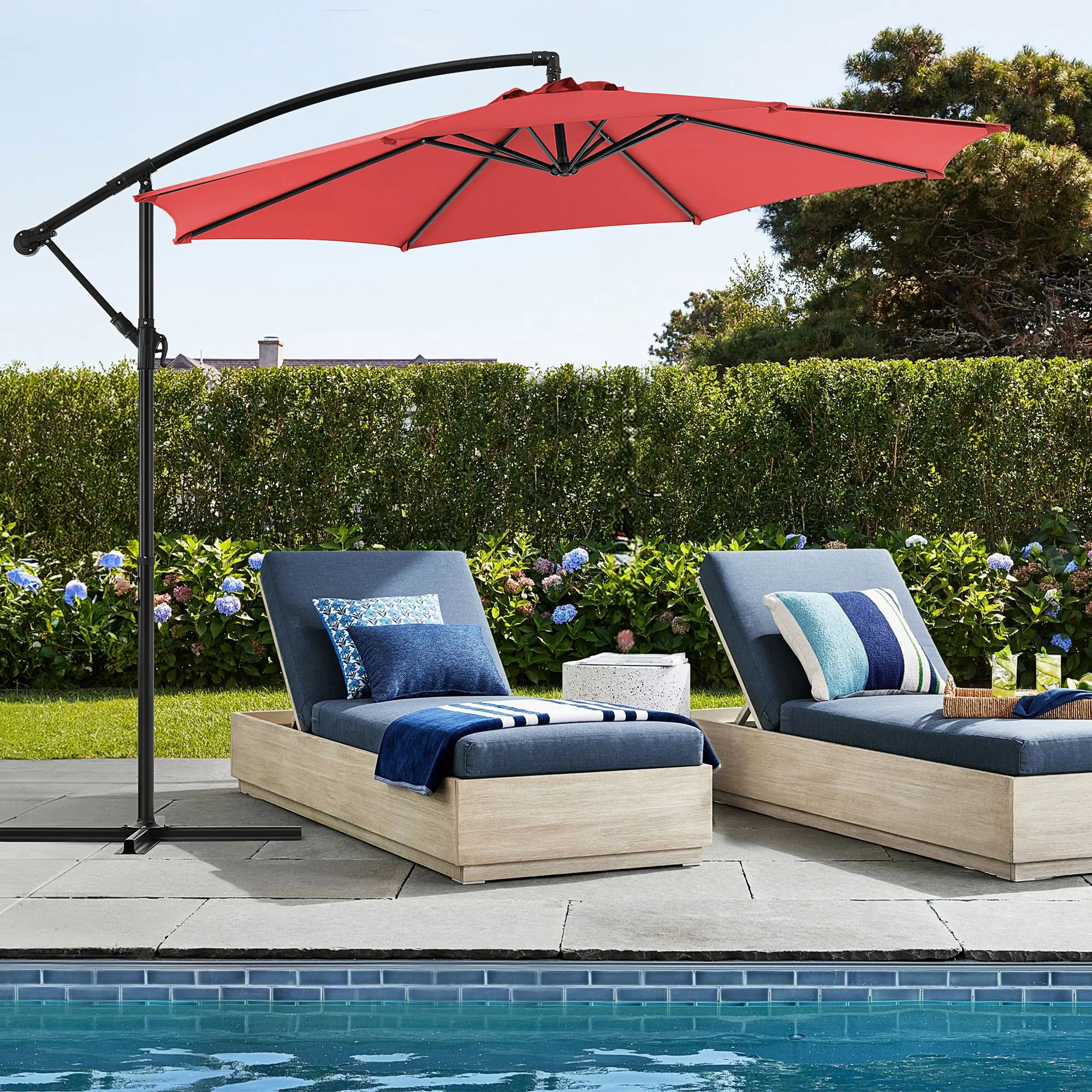 9.8FT Offset Cantilever Patio Umbrella | Easy Tilt Adjustment & 8 Sturdy Ribs | UV-Resistant & Waterproof Hanging Outdoor Sun Shade for Backyard, Lawn & Poolside, Red