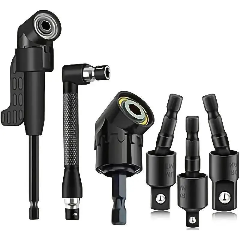 Right Angle Drill Attachment Set, Tool Kit, Hardware, 360° Rotatable Socket Adapters, 2 Hex Shank Drill Adapters, 90° Bevel Drill Bits Included, Power Tool Accessories