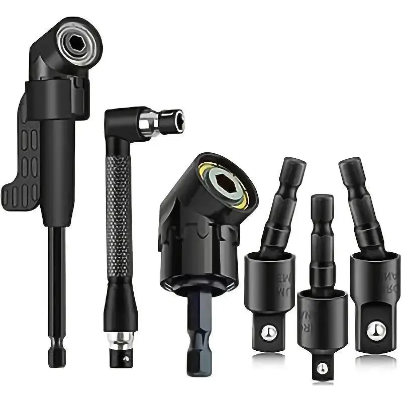 Right Angle Drill Attachment Set, 360° Rotatable Socket Adapters, 2 Hex Shank Drill Adapters, 90° Bevel Drill Bits Included