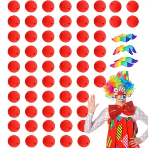 60 Pieces Red Clown Noses Cosplay Noses Foam Circus Noses for Halloween Christmas Carnival Costume Party Dress Up, with 6 Pieces Fake Mustaches