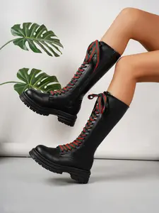 Women's Patchwork Strap Thick Sole High Top Boots, Sweet Cool Punk Style Knight Long Boots, Winter Fashion Footwear