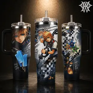 Kingdom Hearts Sora Roxas Tumbler 20oz 40oz with Handle Stainless Steel Insulated Travel Mug Video Game Water Bottle for Gamers KH Fans Anime Merch Christmas Birthday Gift with Straw Vacuum Cup