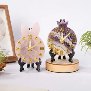 Luxury Wind Amethyst Rose Crystal Round Stone Piece, Creative Decorative Clock Pendant Light for Desk Home Bedroom Decor, Perfect Christmas Gift