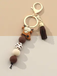 Highland Cow Silicone Beaded Keychain with Tassel, Cute Cartoon Punk Style, Animal Theme, Lobster Clasp, Ideal Gift for Friends, Keychain for Bags
