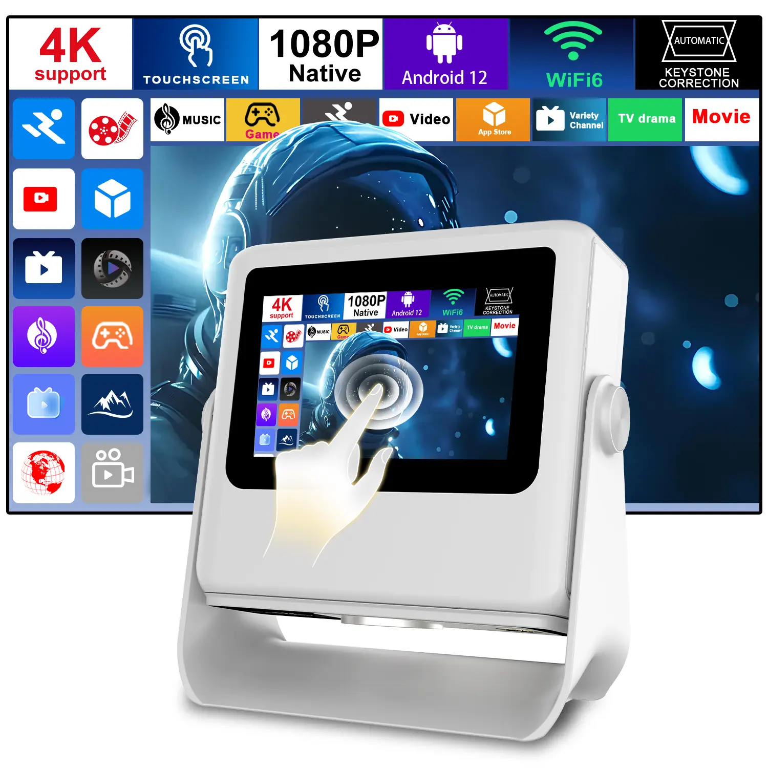 Mini Projector 7" Touch Screen, 1080P Full HD, WiFi 6 Bluetooth 5.2, Auto Focus Keystone, Phone Screen Casting, Smart Android, 4K Support, Built-in Speaker, Gaming Home Theater