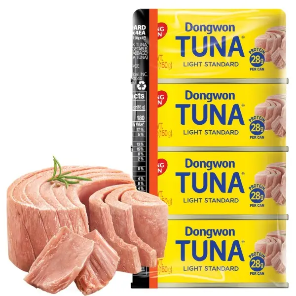 Korean Canned Tuna, Light Standard in Canola Oil, 4-Pack — Wild-Caught Skipjack Solid Flakes, 28g Protein per Can, Keto-Friendly, Low-Carb, Omega-3, No Draining, 5.3oz (150g), Made in Korea