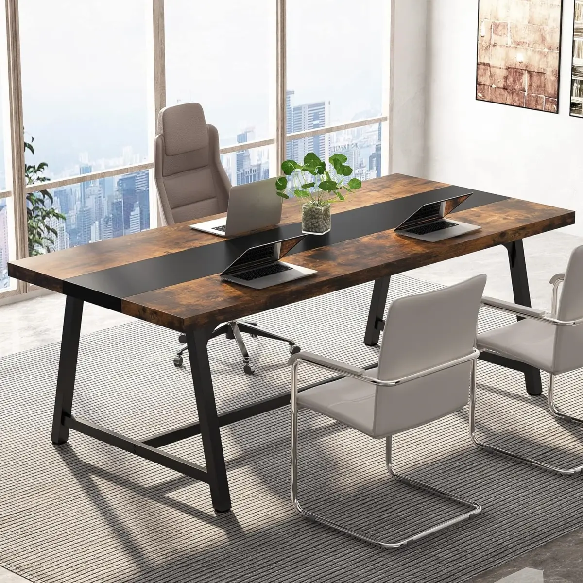 212 MAIN Large Modern Rectangular Conference Table - 70.87 in., Sturdy Executive Office Desk with Durable Metal Frame, Rustic Brown & Black, Seats 6-8
