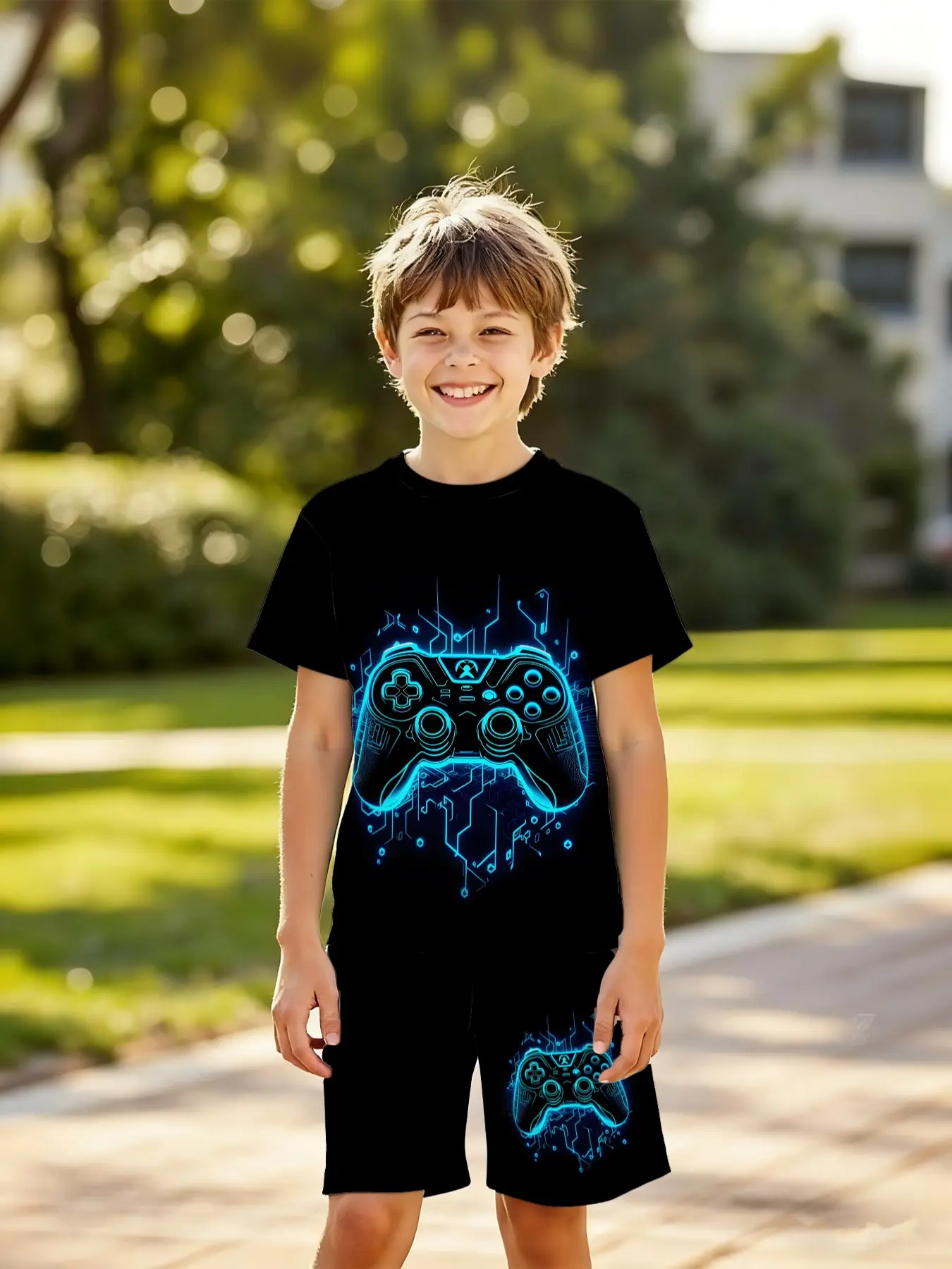 Boys' 3D Game Controller Theme Short Sleeve Casual Set, Cool Cyber Fluorescent Blue Gaming Handle Print, Outdoor Wear, Holiday Gift, Birthday Present, Children, Clothes Kids