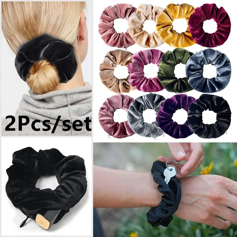 Velvet Scrunchies with Pocket Zipper, Hair Ties for Women, Hidden Hair Scrunchie, Ponytail Holder, Elastic Bands, Hair Styling Accessories Set, Gift for Friend, Cute Hair Accessories