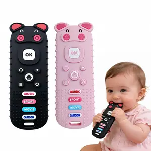 2Pcs Baby Remote Teething Toys – BPA-Free Silicone TV Remote Teether for Babies 3-18 Months, Pig Shaped Chew Toy for Newborn Teething Relief (Black & Pink)