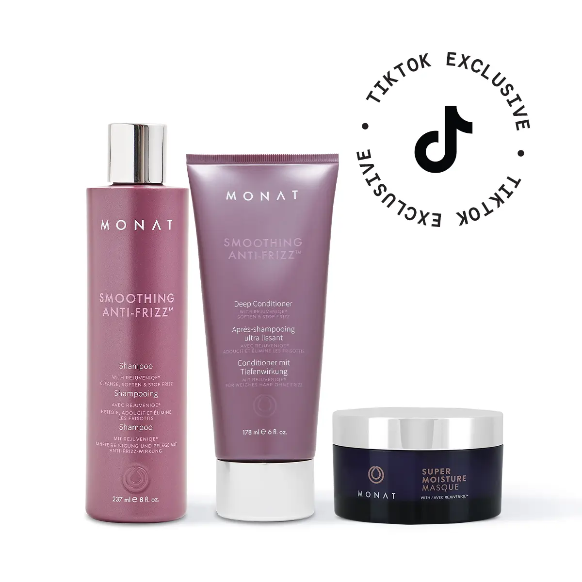 MONAT Frizz-Fighting Haircare Bundle – Smoothing Anti-Frizz Shampoo, Deep Conditioner & Super Moisture Masque MONAT Frizz-Fighting Haircare Bundle – Smoothing Anti-Frizz Shampoo, Deep Conditioner & Super Moisture Masque