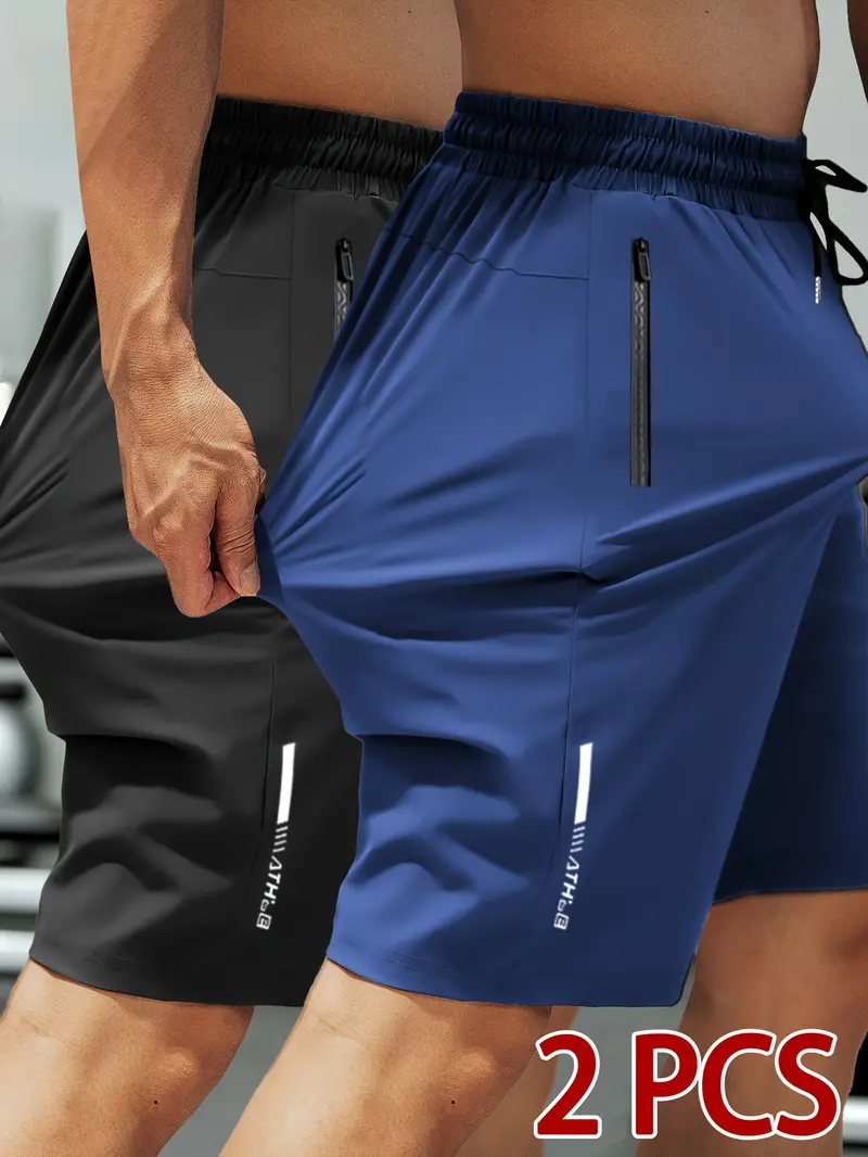 Pack of 2 - Men's Casual Sports Shorts, High Stretch Fabric, Solid Color Versatile, Comfortable and Breathable, Waist Drawstring and Zipper Pocket, Reflective Printing, Suitable for Gym, Outdoor Jogging, Everyday Wear