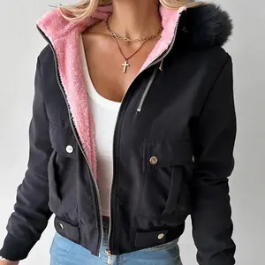 Women Trim Jacket Hooded Zip Up Fleece Lined Coat Outwear with Pockets Jackets Streetwear Coats Y2k Autumn Winter Elegant
