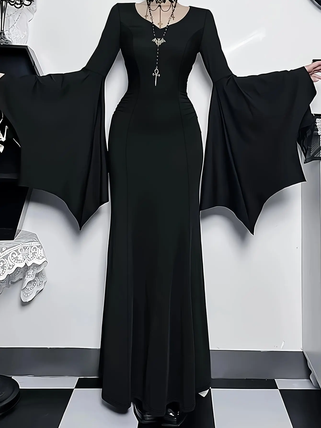 Sexy Gothic Black Maxi Dress with Bell Sleeves | Halloween Witch Vampire Costume | Dark Aesthetic Cosplay Outfit | TikTok Trending Clubwear Y2K Style