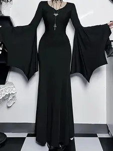 Sexy Gothic Black Maxi Dress with Bell Sleeves | Halloween Witch Vampire Costume | Dark Aesthetic Cosplay Outfit | TikTok Trending Clubwear Y2K Style