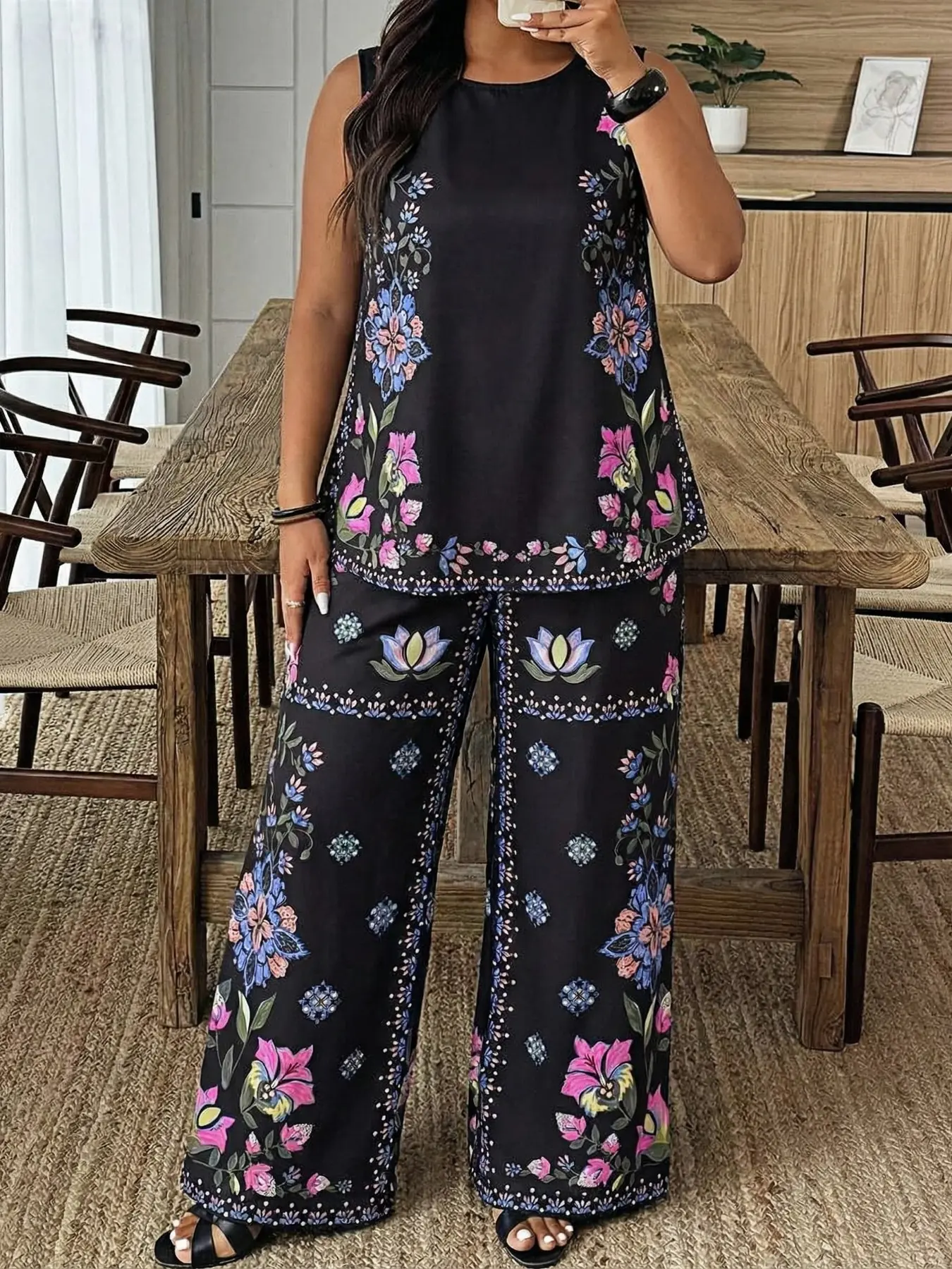 Women's Loose Sleeveless Top & Straight Leg Pants Set, Ethnic Pattern, Floral, Bohemian, Boho, High Waist, Long Length, Fashionable Comfort, Suitable for Various Occasions, Casual Fashion Set