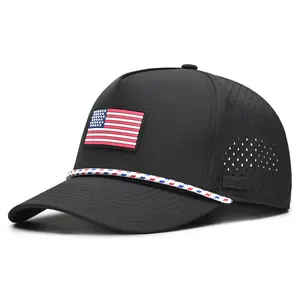 CURVES & CLUBS American Flag Golf Hat - Black Performance Rope Cap - Patriotic USA Golf Hat - Adjustable Breathable One-Size-Fits-All - Men's Gifts for Summer