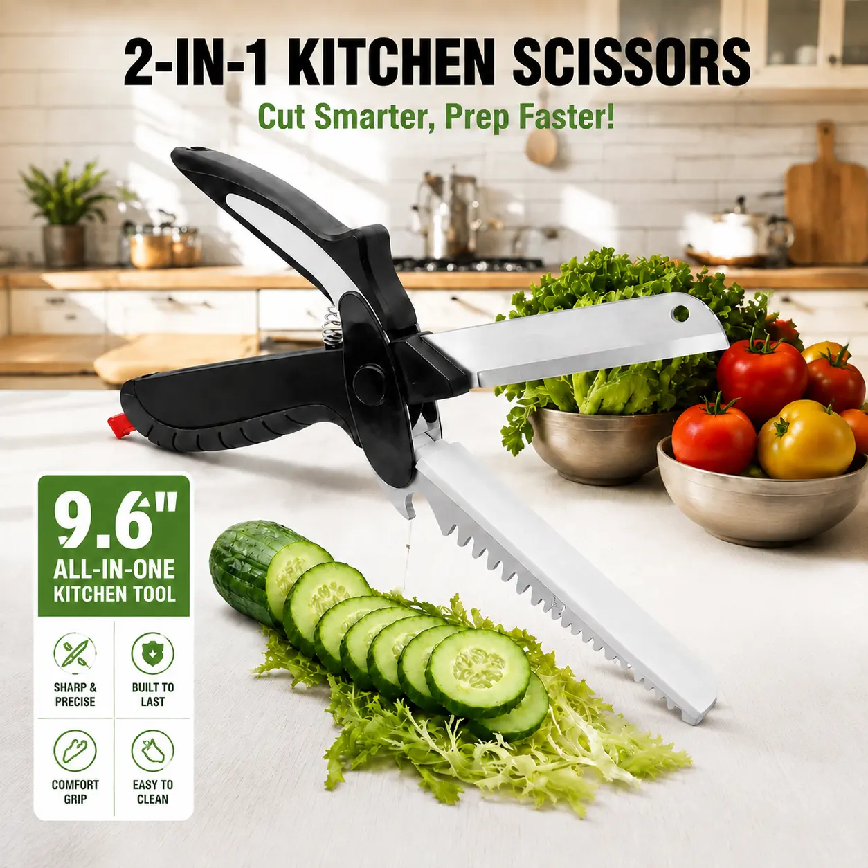 2-in-1 Kitchen Scissors with Built-in Cutting Board, Stainless Steel Food Scissors with Safety Lock, Multi-Functional Vegetable, Fruit, Meat & Cheese Cutter