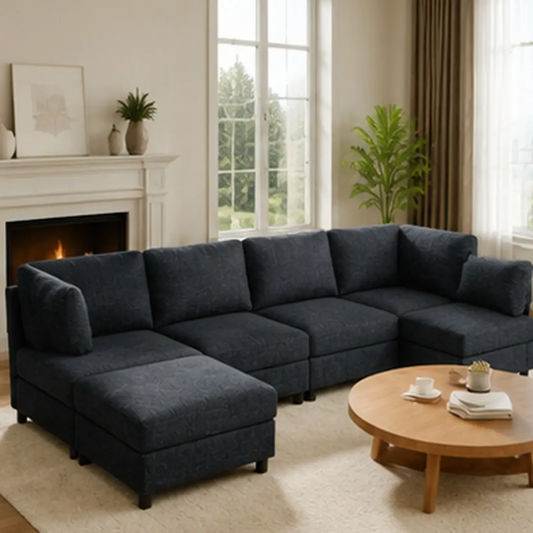 Modular Corner Sofa 6-Seat L-Shaped Sectional Couch with Ottoman Dark Grey Polyester Fabric Wood Frame Foam Cushions Armless Loose Back Mid-Century Modern Living Room Furniture Set, DARK GREY/Light Brown Color Options, Wood+Fabric Material
