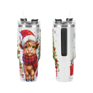 Cute Highland Cow Christmas 40oz Tumbler with Handle & Straw - Santa Hat Plaid Scarf Insulated Cup, Leakproof Holiday Mug for Hot Cocoa, Perfect Christmas Gift for Women Girls