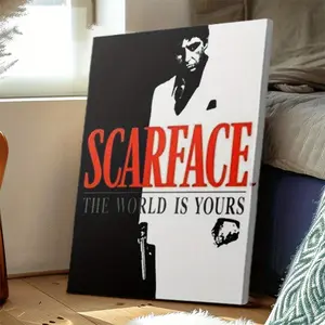 1 Piece Framed Canvas - Scarface Movie Quote "The World Belongs to You" - Al Pacino Film Decoration - Black and White Poster with Red Text - Pine Wood Frame Artwork, Vintage Wall Art - Living Room, Office Wall Hanging - Movie Enthusiast