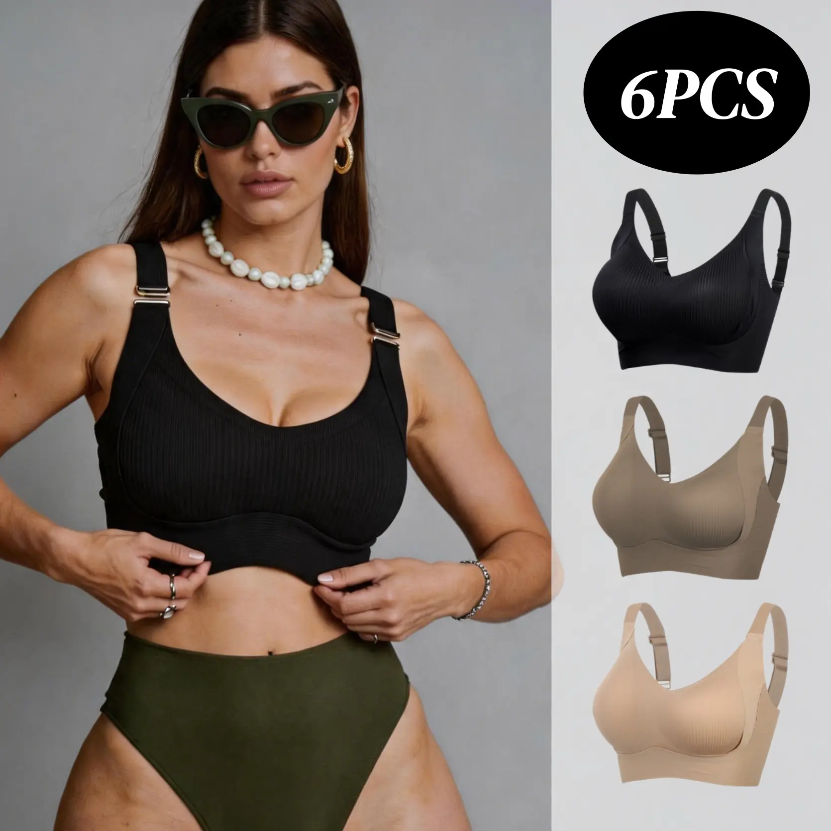 6 Pack Women's Jelly Wireless Push Up Bra, Ribbed Seamless Adjustable Wide Straps Soft Supportive Bralette, No Dig Comfort Everyday Bra for Daily Casual Lounge Wear .non-padded full coverage bra, inlyric woman