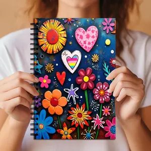 Colorful Whimsical Flowers & Hearts Spiral Notebook, Boho Hippie Art Journal, Dark Blue Background, Lined Paper, School Supplies, Writing Stationery, Creative Office Notepad