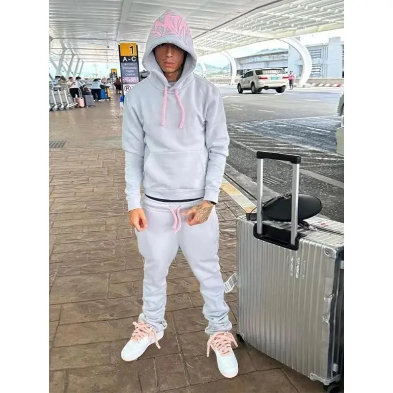 Men's 2-Piece Loose-Fitting Cotton Tracksuit, S Size Available, Long Sleeve Hooded Pullover & Drawstring Straight Pants, Hip Hop Casual Sports Printed Outfit, Male, Long Sleeve Shirt, Casual Wear, Hip Hop Look, Male Set