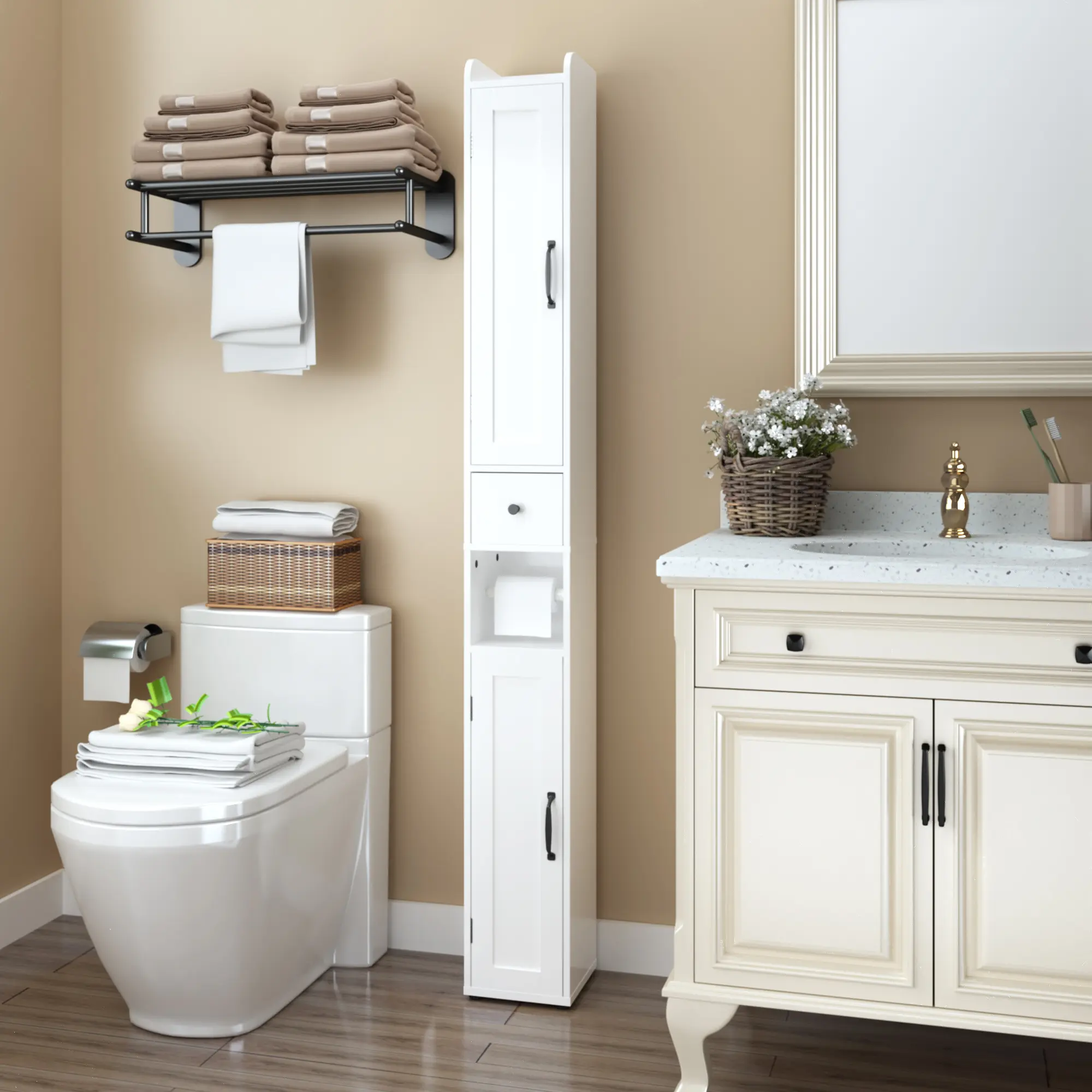 White Freestanding Bathroom Storage Cabinet - 67.51in Tall, Slim 2-Door, Anti-Tip Safe, Adjustable Shelves Fit Changing Needs, Separate Zones Keep Toiletries Sorted, Fits Tight Corners, Easy Assembly, Cabinet Enclosure Bathroom Furniture for Small Spaces,