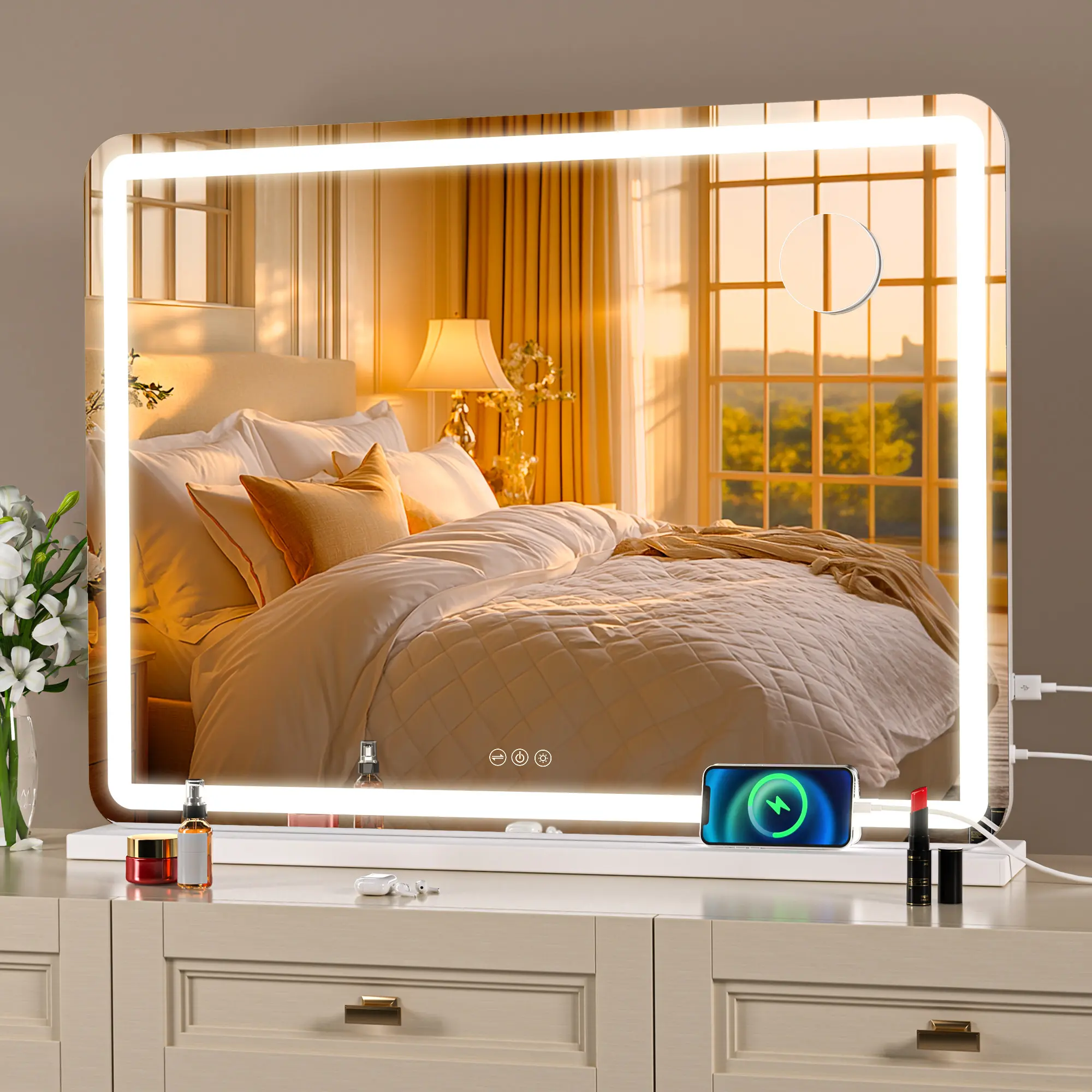 HASIPU LED Vanity Light Mirror - Adjustable Brightness, Music-Themed Aluminum Frame, Horizontal Wall-Mountable or Tabletop Home Decor for Bedroom (Valentine's Day/Mother's Day Gift Option)
