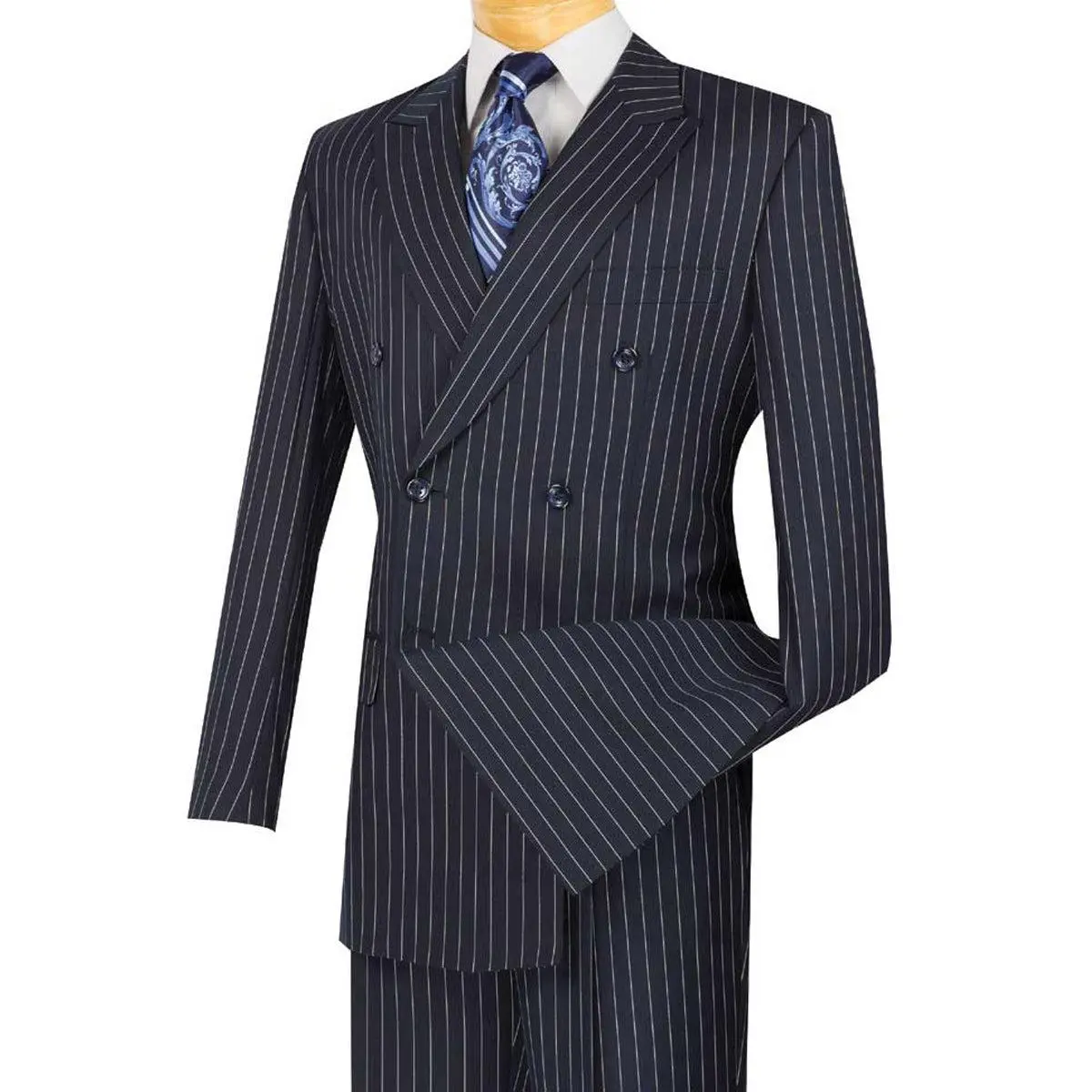Mens Double Breasted Gangster Bold Pinstripe Suit in Navy Blue